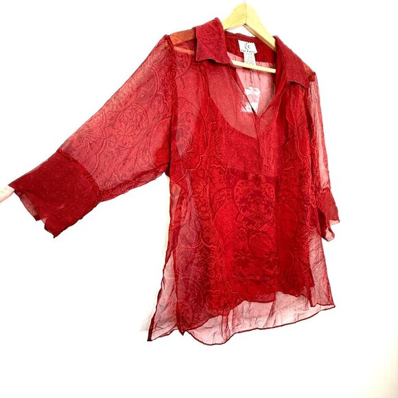 Vintage Ice Red Silk Sheer Blouse 2Piece Layered Camisole 1X Whimsigoth Romantic - Picture 3 of 14